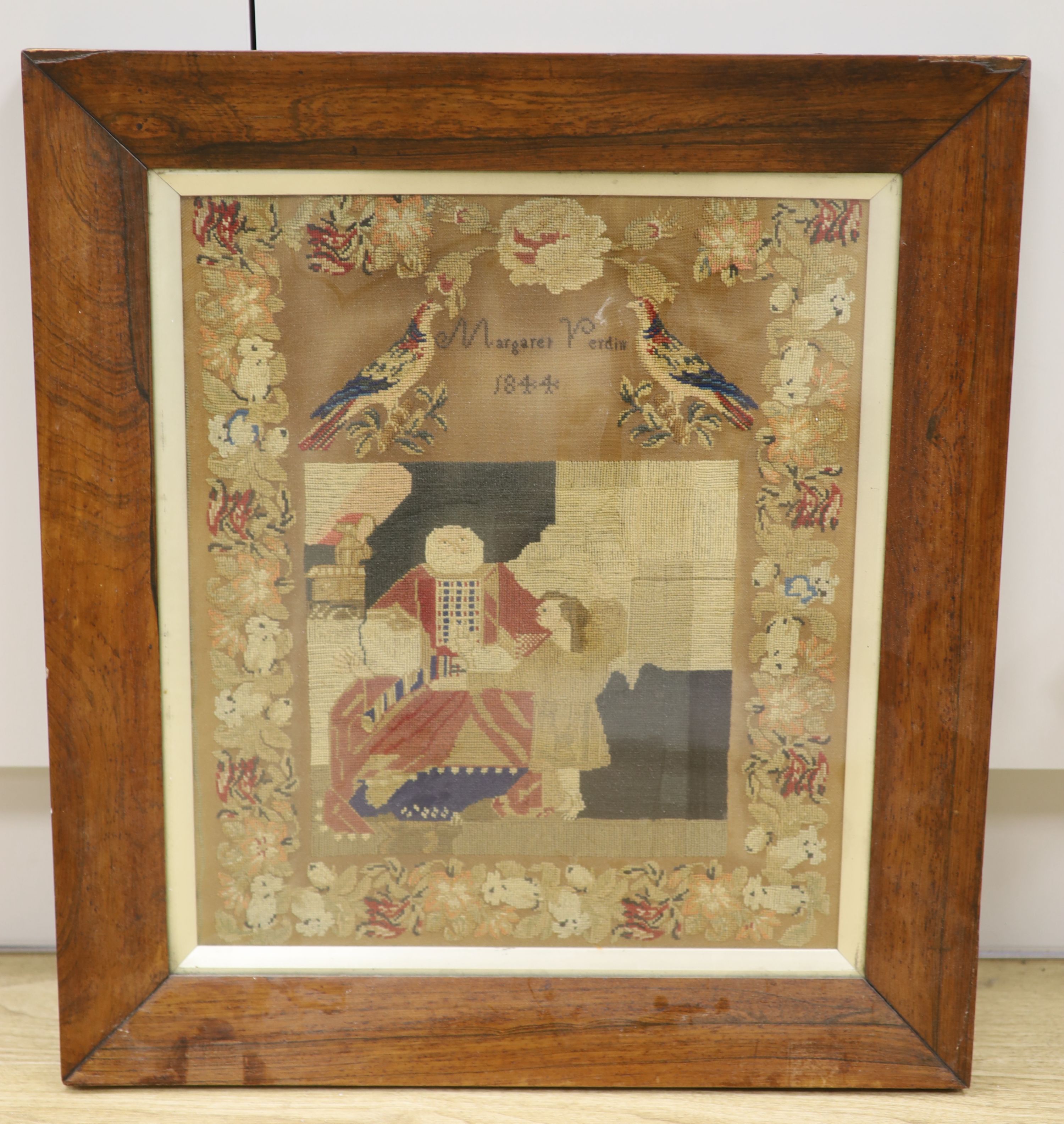 A Margaret Emily Verdin petit point sampler, dated 1844, width 36cm, 42cm high